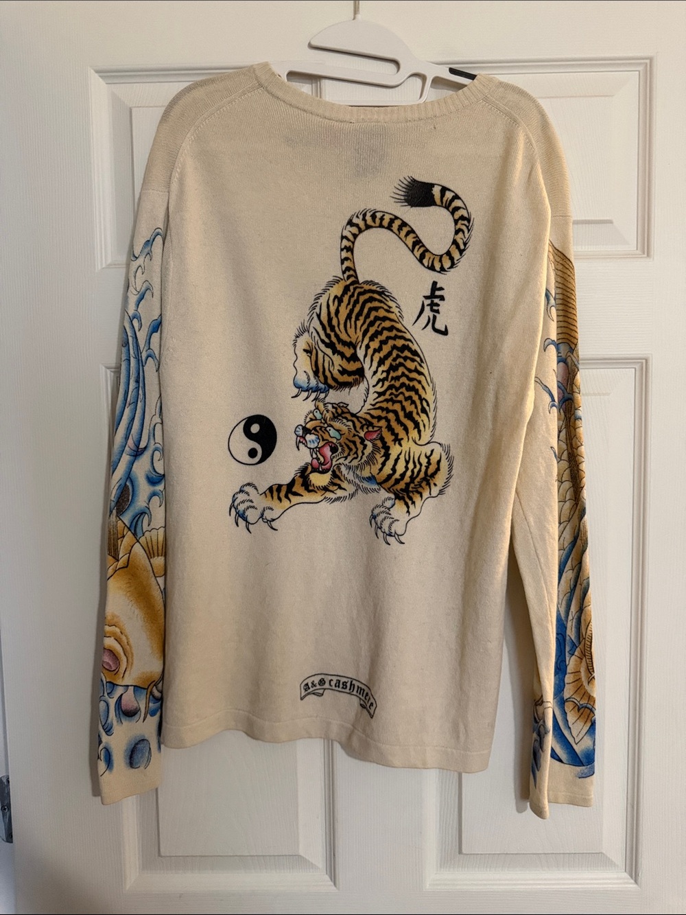 A&G Tiger Cashmere Sweater with Blue & Gold Sleeve Art